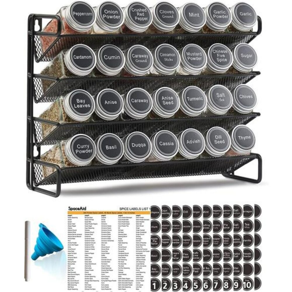 4 tier spice rack with 28 glass jars labels funnel kitchen cabinet pantry storag